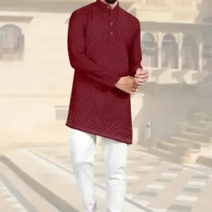 Vibrant red cotton blend full sleeve kurta with pajama set for men, perfect for festive celebrations and traditional events. | Curated Versa