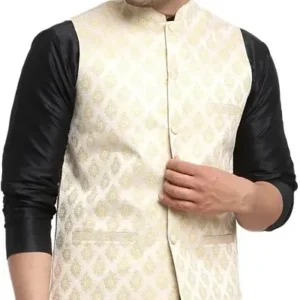 Front view of a multicoloured jacquard Nehru jacket for men, made from cotton fabric with a stylish printed design, ideal for weddings and festive occasions.